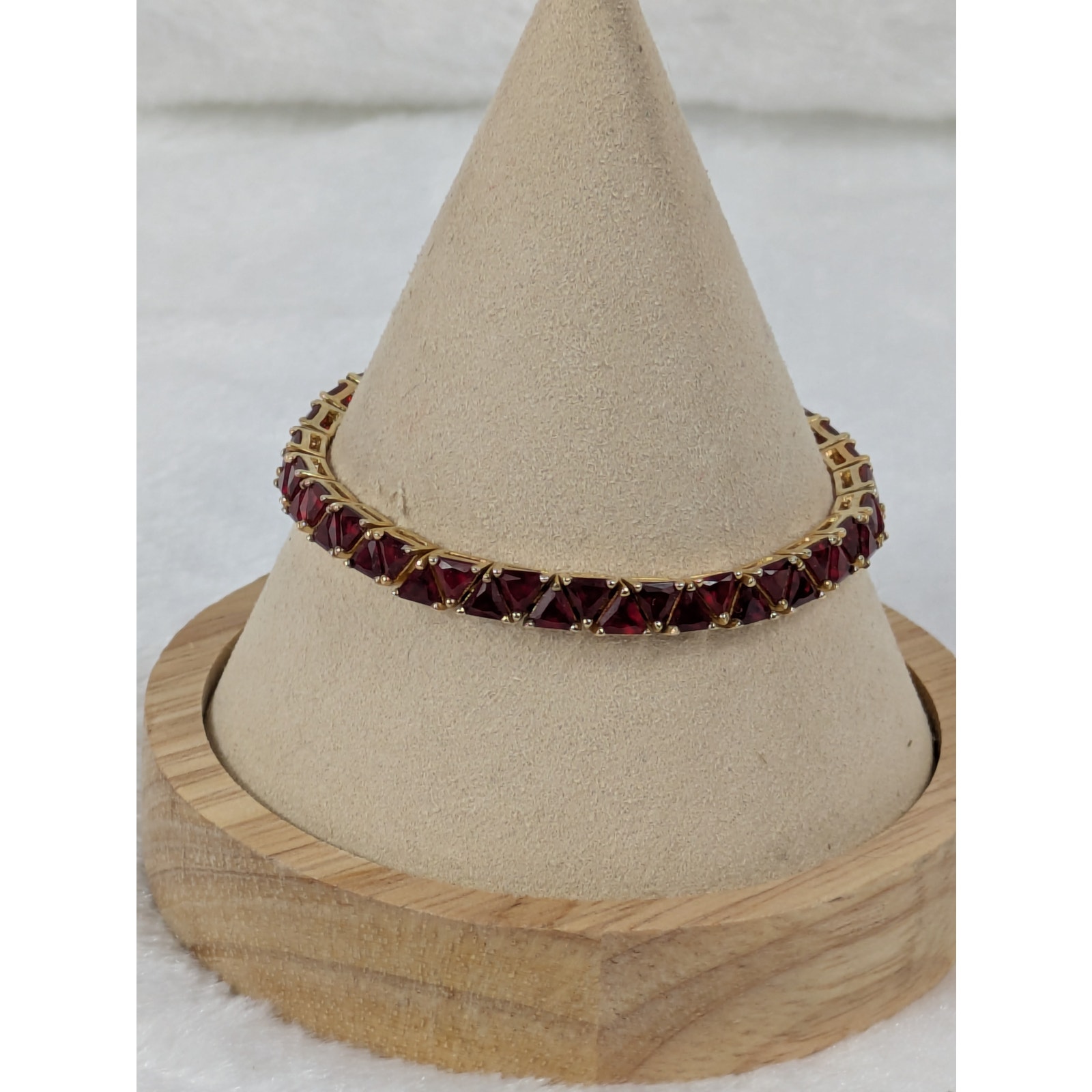 7" 10kt Gold Vermeil Tennis Bracelet Triangle Trilliant Cut Red Cz 925 Sterling